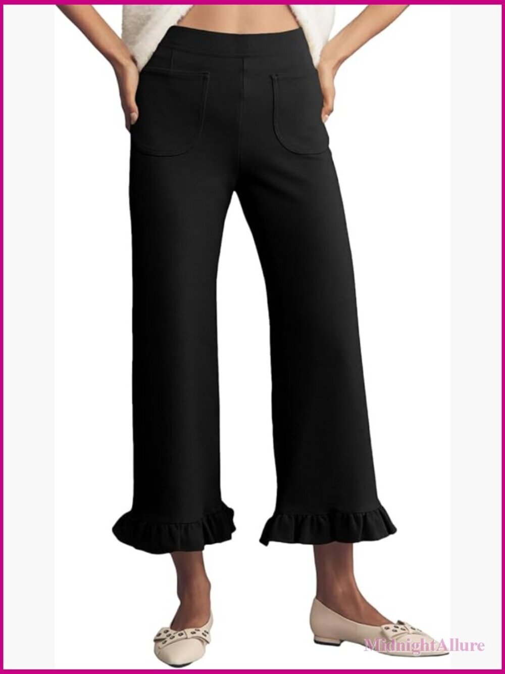 Gingham Pants Straight Leg Elastic Waist Ruffle Hem Stretchy Cropped Trousers